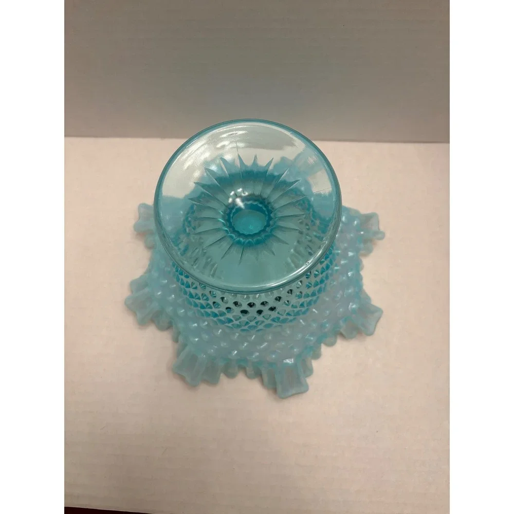 Fenton Blue Opalescent Hobnail Glass Ruffled Compote Pedestal‎ Candy Dish 8